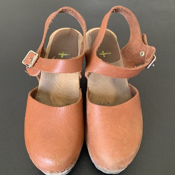 Mia Sofia Brown Leather Clog Shoes Chunky Wood Heels Ankle Strap EU 37 - Picture 1 of 11